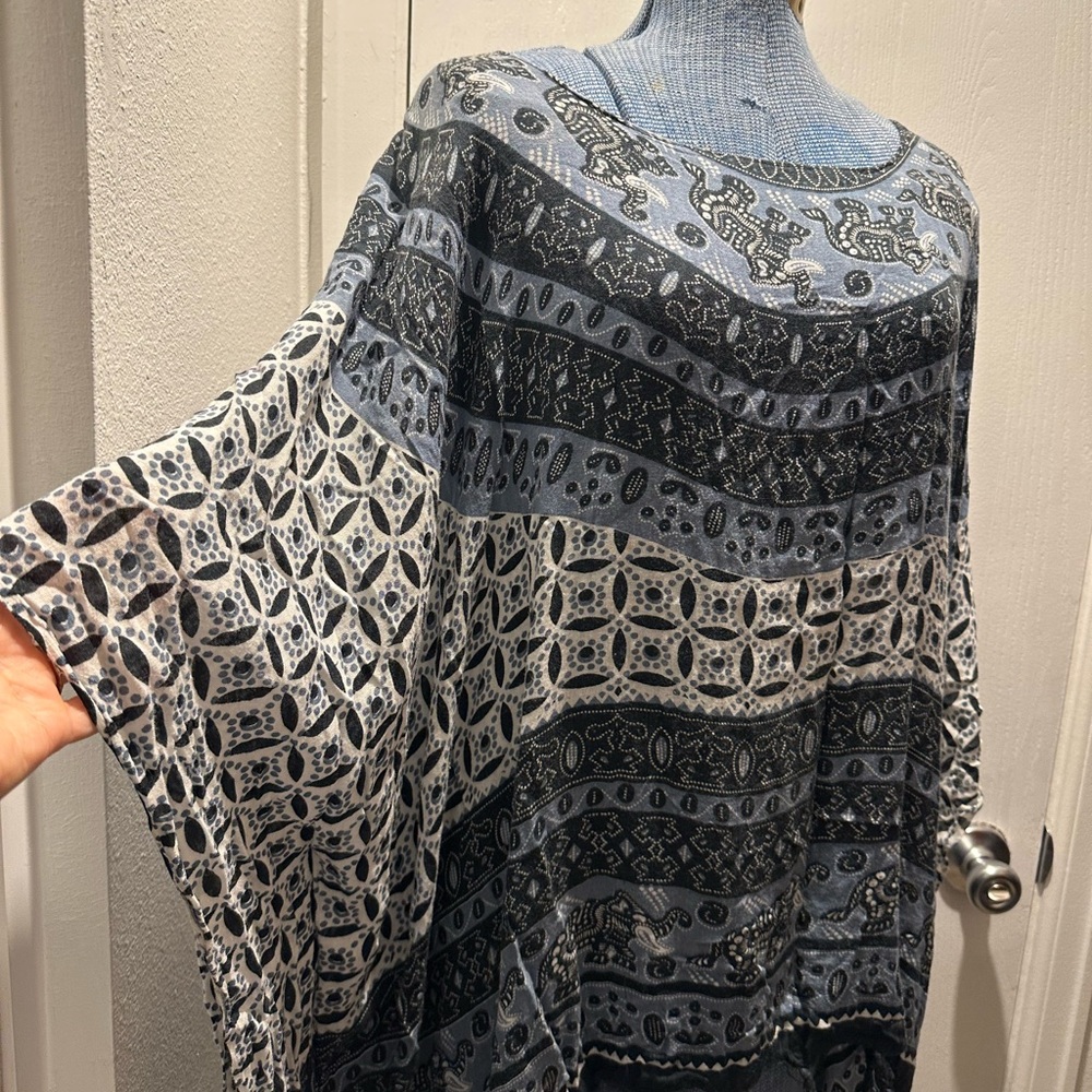 Blue and white boho top with elephants